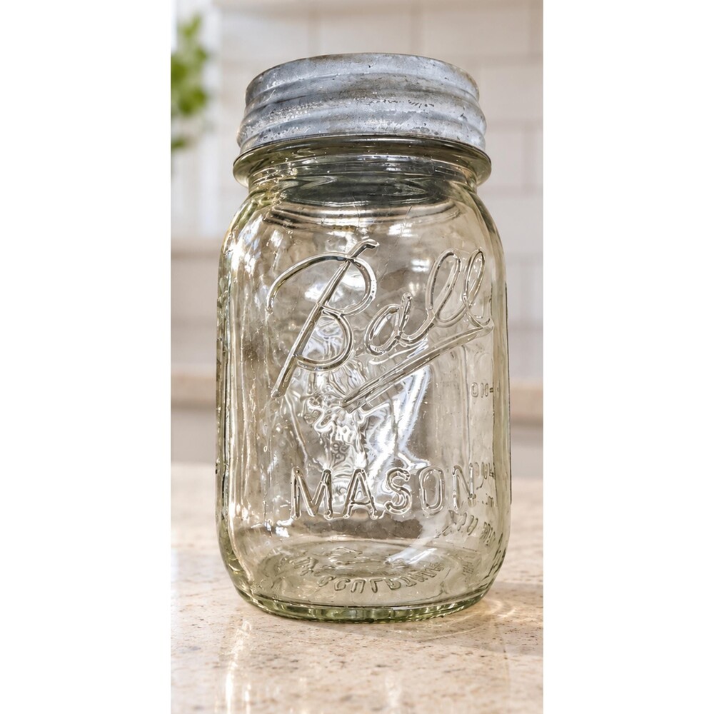 Ball Mason Clear Glass Jar With Atlas Metal Lid, Embossed Sculptured Glass